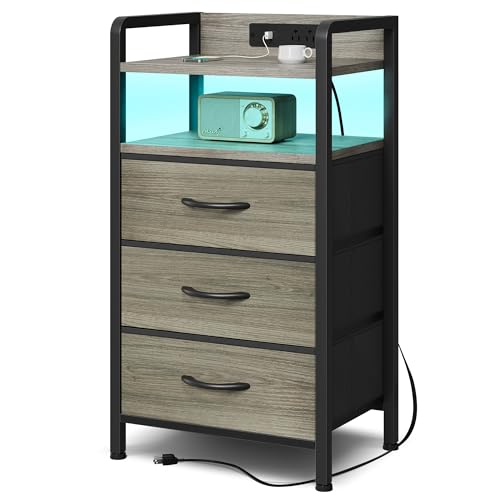 Lazzanto Night Stand with Charger Station - Grey Nightstand with LED Light Strip, Morden Bedside Table with USB Ports & AC Outlets, End Table with Storage Shelf & 3 Fabric Drawers - color: Grey, size: 3 Drawers