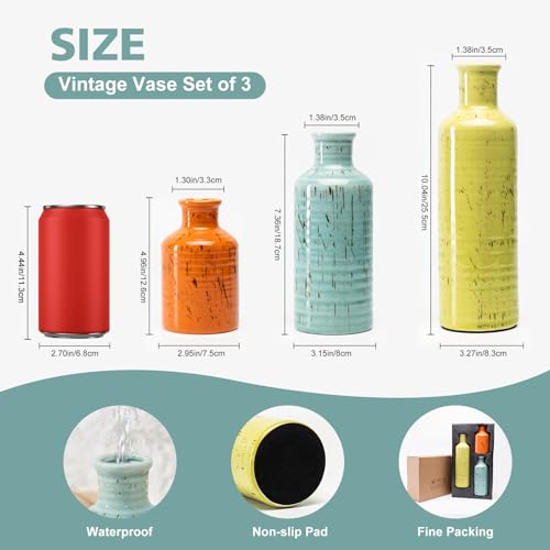 Vintage Ceramic Flower Vase Set of 3, Rustic Farmhouse Vase for Home Decor, Distressed Decorative Vase for Table Entryway Mantel Centerpiece Living Room Bathroom Bedroom (Multicolor) - color: 114-multicolor