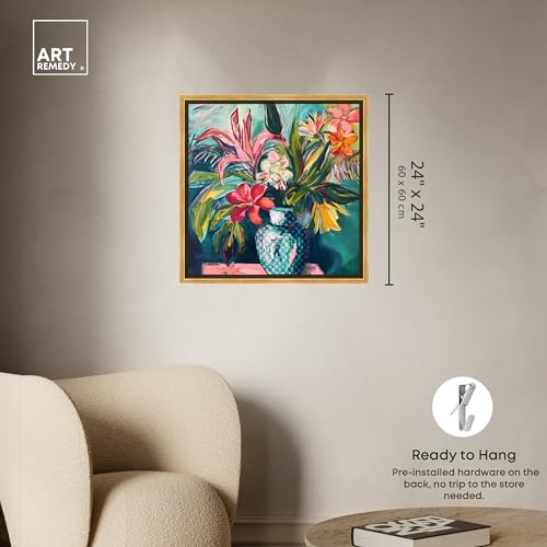 Art Remedy Vase Of Tropical Flowers Framed Flowers In Vase Paintings, 25.5" x 25.5", Gold Frame - color: Gold Frame, size: 25.5"L x 25.5"W
