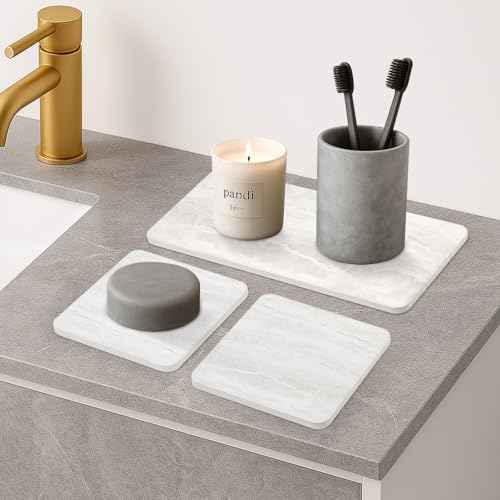 4 Pack Water Absorbing Stone Drying Tray for Bathroom Sink Trays Kitchen Counter Diatomite Stone Quick Dry Diatomaceous Earth Mat for Sink Kitchen Soap Trays Ceramic Marble Bathroom Vanity Tray - color: Marble Light Gray