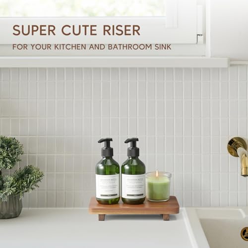 Small Acacia Wood Bathroom Tray Pedestal Stand Farmhouse Kitchen Decor Decorative Wooden Riser Soap Dish Sponge Holder for Vanity, Counter, Sink, 9" x 5.75" - size: 9" x 5.75" x 1.18"