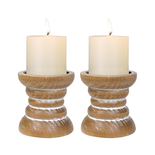 Candle Holder for Pillar Candle Set of 2, Farmhouse Wood Candle Holder, Rustic Wooden Candle Stand, Vintage Small Wooden Candlestick Holders for Living Room, Table Centerpiece, Brown - color: Washedbrown, size: Set of 2
