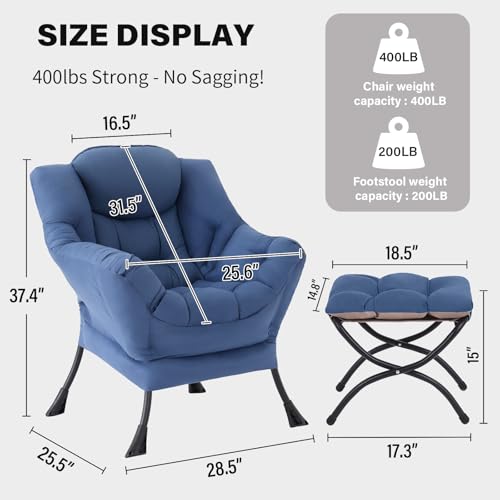 Tiita Lazy Chair with Ottoman, Blue Modern Large Accent Chair, Comfy Leisure Sofa Armchair with Ottoman, Reading Chair with Footrest for Bedroom, Living Room, Dorm Rooms, Blue - color: Blue