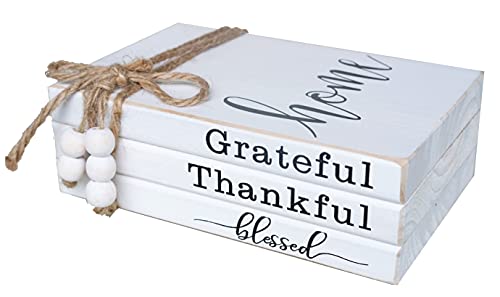 LIVDUCOT Wooden Farmhouse Decor Faux Book Stack (Set of 3 for Coffee Tables and Shelves) | Grateful, Thankful, Blessed Home Sign, 5.5' x 7' x 2.5' - color: Blessed
