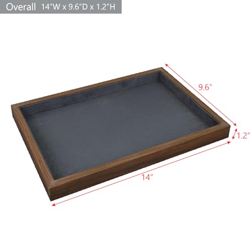 MOOCA 2 Pcs Wooden Jewelry Display Tray, Presentation Tray, Organizer for Rings, Necklaces, Earrings, and Accessories, Walnut Color with Grey Suede, 14" W x 9.6" D x 1.2" H - color: 1 Compartment, Walnut/Grey