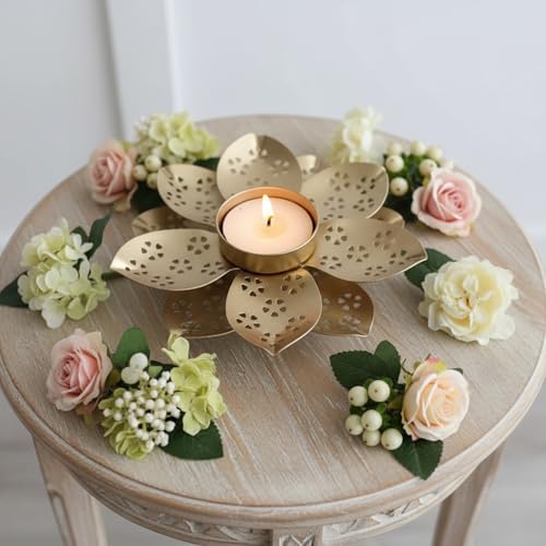 Decorative Metal Tea Light Candle Holder, Gold, Flower Design with Heart Pattern Cutouts, 3 Inch