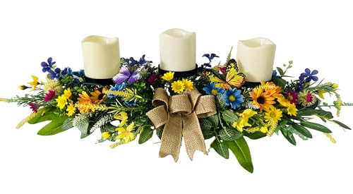 Svndlyn Candle Holders Spring Summer Centerpiece,3 Wick Candle Holder with Daisy and Sunflowers, Perfect for Spring Decor,Easter Centerpiece Table Decor,Indoor Home Decor,Desktop Decor