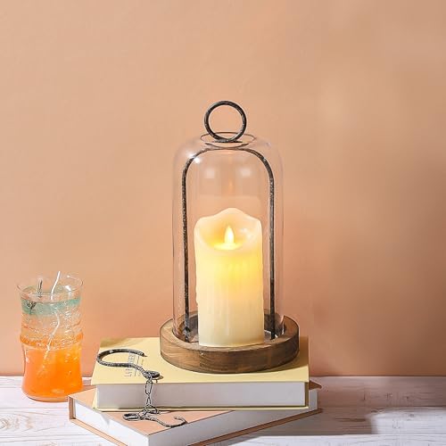 12" High Versatile Rustic Brown Metal Candle Holder with Handmade Sturdy Glass Dome and Shabby Brown Wooden Base for Pillar Candle & Plants, Industrial, Farmhouse, Decorative Display Cloche Bell Jars - color: Brown, size: 6"x12"
