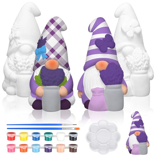 Seenelling 2 Pack Lavender Dream Gnomes Ready to Paint Your Own Statues 4'' DIY Unpainted Ceramics Figurines Kit Paintable Ceramics Art and Crafts Purple Fragrance Wonderland Journey Decor - style: Lavender Gnomes