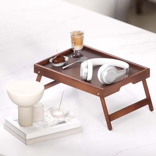 Fibogollo 2 Pack Bamboo Bed Tray Table with Folding Legs,Breakfast Trays,Serving Tray for Food and Snack,Laptop Trays for Working(Brown) - color: Brown, size: 2 PC