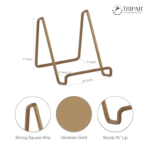 TRIPAR 4-Inch 2 Pack Metal Venetian Gold Square Stand, Square Wire Easel, Small Photo Stand, Small Book Holder Stand for Table, Display for Picture Frames, Plaques and Plates