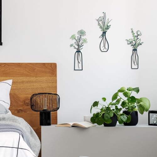 Pigort 3 Pieces Metal Flowers Wall Arts - Rustic Farmhouse Style Décor Metal Wall Art Minimalist Flower Natural Themed Wall Decors for Home Bedroom Dining Room Housewarming (Deep green) - color: Green