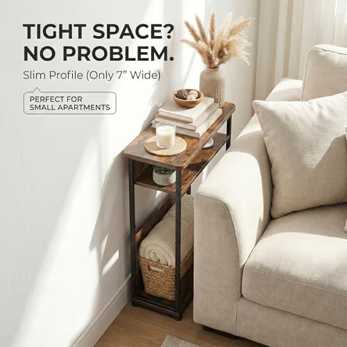 Narrow Side Table,3-Tier Slim End Table with Storage Shelf,Modern Sofa Table Thin Side Table for Narrow and Small Spaces, Skinny Bedside Table Small Nightstand with Magazine Rack Space Saving/Brown - color: Rustci Brown
