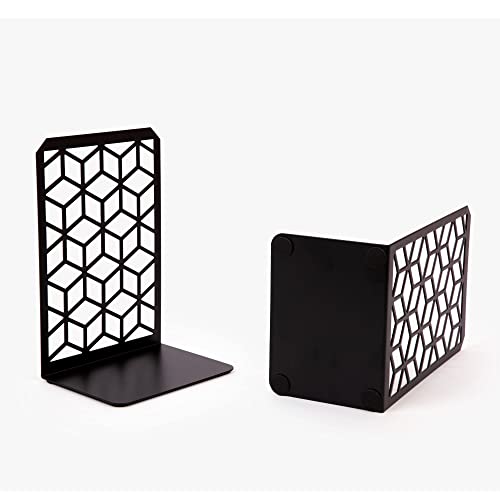 Geomod 3D Cube Black Metal Bookends Decorative for Heavy Books - Sturdy Boho Book Stops - Minimal Book Shelf Stopper - Durable Office Bookends - Weighted Metal Book Holders - 7x4.75 Inches - 1 Pair - color: Black, size: 1 Pair, style: 3D Cube