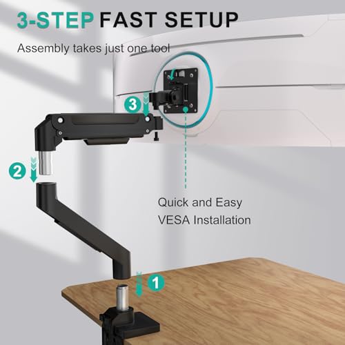 WALI Ultrawide Single Monitor Arm for 13-49 Inch Heavy Duty Curved Screens, up to 44 Lbs, Adjustable Single Monitor Desk Mount with C-Clamp, Grommet Base, 75/100mm VESA (GSM001XL), Black - size: 13"-49", style: Single Arm