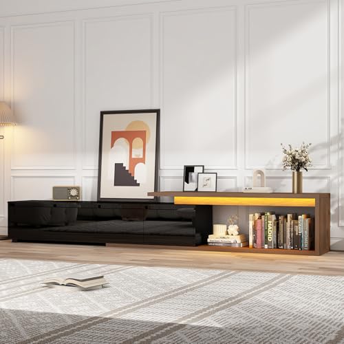 Extendable TV Stand with LED Light, Modern Entertainment Center for up to 120 Inch TV, Wood TV Media Console with 2 Drawers & 2 Cabinets for Living Room Bedroom, 75"-110", High Gloss Black & Walnut - color: High Gloss Black & Walnut