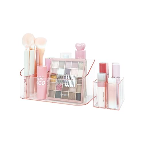 SUNFICON Makeup Holder Tray Organizer Cosmetic Display Case Tabletop Desktop Vanity Countertop Bathroom Wall Cabinet Medicine Storage Box 9 Dividers 2 Removable for Womens Ladies Girls Crystal Pink - color: Pink