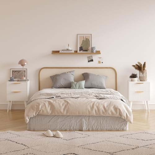 YAUKOMEL Fluted Nightstand with 2 Drawers,Modern Bedside Table with Metal Handles,Side Table with Solid Wood Legs,End Table for Living Room,Bedroom,Small Spcae 11.8" D x 15.7" W x 22.8" H White CTG55W - color: White, style: Fluted Style