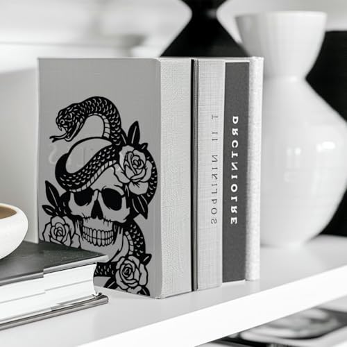 Peacoblue Metal Bookends for Shelves, Modern Decorative Heavy Duty Study Book Support Stoppers for Office, Desk, Shelf, Room 5.3"x4.3"x6.7" Cast Iron Simple Tall Bookends, 1 Pair (Skulls and Snakes) - style: Skulls and Snakes