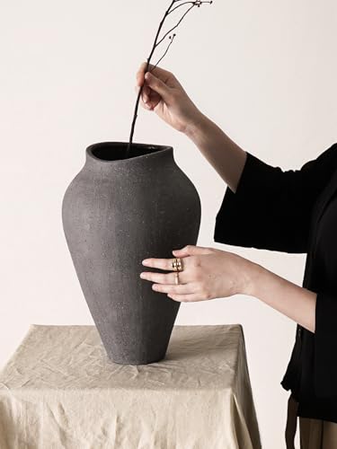 Ceramic Vase - Large 13.6 Inch Tall Floor Vase for Centerpieces, Farmhouse Flower Vases, Rustic Minimalist Home Decor for Living Room, Enterway, Wedding (Sandstone Dark Gray) - color: Sandstone Dark Gray, size: 13.6 Inch