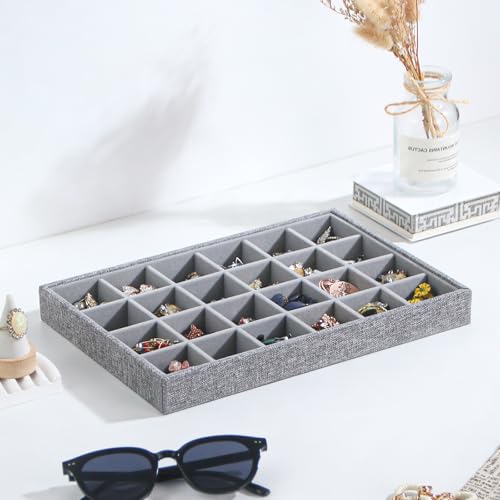 Stackable Jewelry Organizer Tray For Drawers,White Leather Small Earring Storage Tray,Bracelet And Necklace Display Box,Jewelry Ring Display Case (Gray White 24 Grids) - style: Gray White 24 Grids