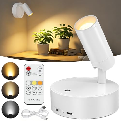 Kimjo Spot Lights Indoor, 4000mAh Rechargeable Plant Spotlight Indoor with Remote, Battery Operated Picture Lights with Timer Dimmable, Uplighting for Wall Art Display - color: White