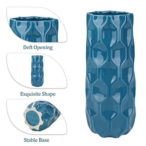 Bdor Ceramic Vase, 11in Flower Vase, Blue Honeycomb Vase for Room Decor, Modern Farmhouse Home DéCor Accents, Living Room Decor, Book Shelf, Mantel and Minimalism Dining Coffee Table Decor. - color: Blue