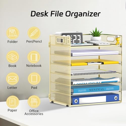 7 Tier Paper Organizer - Mesh Desktop File Holder with Handles for Office School Desk (Gold) - color: Gold