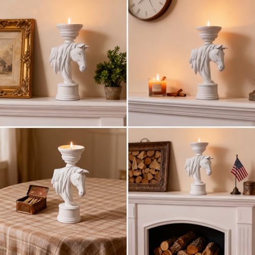 Horse Candle Holder 12 Inch – Rustic Equestrian Stallion Figurine for Farmhouse Table Centerpiece, Western Mantel Decor, Entryway Console Display, Resin Horse Statue with Pillar Candle Tray - color: Horse
