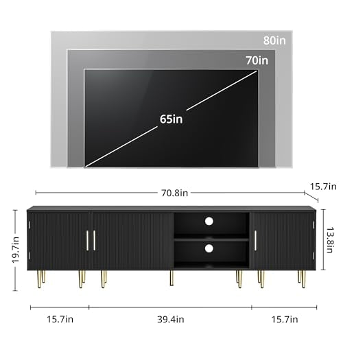 Housoul 71" TV Stand for 50/60/70/80 inch TV, Modern TV Stand for 75+ inch TV, Entertainment Center for Up to 80" TV, TV Media Stand with Storage Cabinet for Living Room, Bedroom, Black - color: Black, size: 71" L