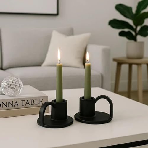 Ceramic Taper Candle Holders with Handle (Set of 2) – Tall Candlestick Holders for Table Decor Centerpieces, Rustic Home Décor, and Dinner Table Styling Matte Black - color: Matte Black