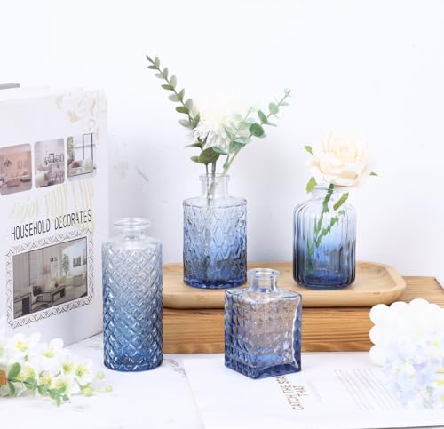 12 Pack Blue Glass Bud Vase Set, Small Vintage Vases for Centerpieces, Decorative Flower Vases for Wedding Home Table Decor - color: Blue, size: 12pcs