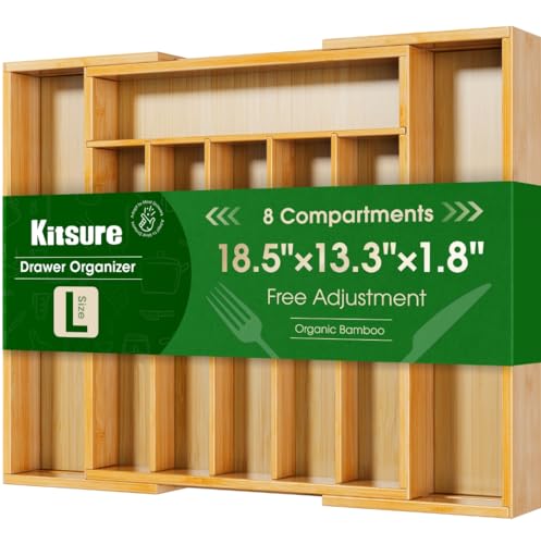 Kitsure Silverware Organizer - Expandable Bamboo Kitchen Drawer Organizer for Cooking Utensils and Cutlery, Sturdy & Thickened Kitchen Organizers and Storage Solution, Large, Natural - color: Natural, size: Large