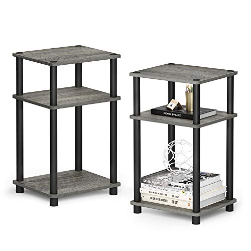 Furinno JUST Side Table Set of 2, 3-Tier End Tables, Open Shelves Night Stand, Nightstand, Toolless Assembly, for Living Room, Bedroom, French Oak - color: French Oak Grey/Black, size: 3-Tier, Round Pole, style: 2-Pack