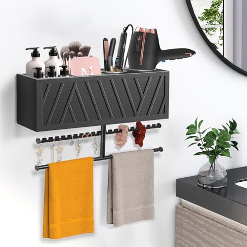 Rustic Hair Dryer Holder Wall Mounted,Hair Styling Tools & Accessories Organizer,Bathroom Supplies & hot Tools vanities Organizer Caddy,for Storage Flat Iron,Blow Dryer,Curling Iron,Towel - color: Black.A