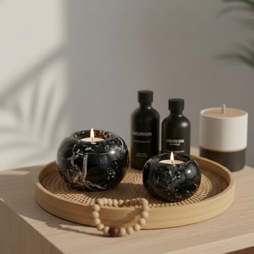 Radicaln Marble Tealight Candle Holder 4" Inches Black Handmade Candle Accent for Home Decor, Ideal Set of 3 Small Votive Candle Holders & Marble Taper Holder for Table Centerpieces - color: Black