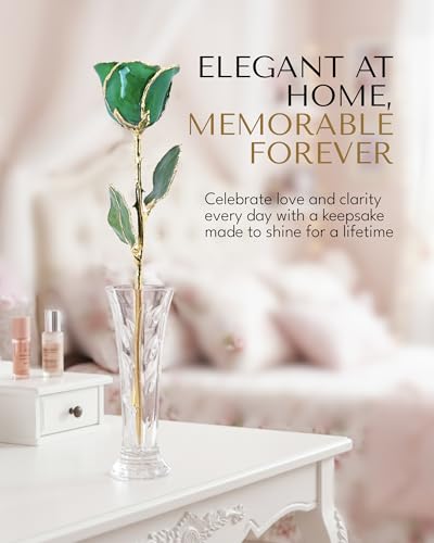 Forever Rose Hand-Dipped in 24K Gold, Emerald-Inspired May Birthstone with Sparkles, Real Rose in Luxury Gold Gift Box & Clear Glass Bud Vase – Perfect Ready to Gift for May Birthday or Any Occasion - color: May Emerald