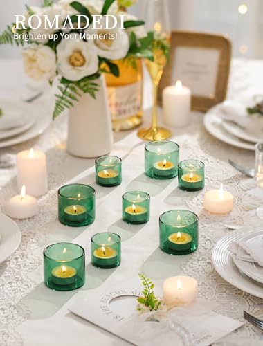 Romadedi Glass Tealight Candle Holder - Green Votive Holders Bulk 12 Sage Tea Light Table Centerpieces for Party Wedding Birthday Baby Shower Christmas Decor - color: Green, size: S-6pcs+L6pcs