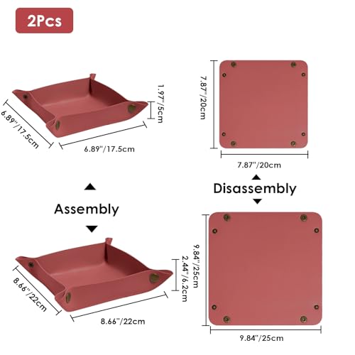 2 Pack (Size:9.84"&7.87") PU Leather Jewelry Valet Tray,Portable Entryway Table Nightstand Desk Tray Catchall Travel Plate Organizer for Phone, Keys, Wallet, Watch,Coin (Wine Red) - color: Wine Red