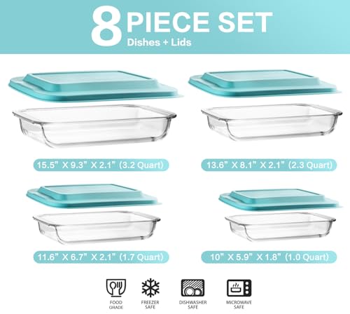 8-Piece Deep Glass Baking Dish Set with Plastic lids,Rectangular Glass Bakeware Set with Lids, Baking Pans for Lasagna, Leftovers, Cooking, Kitchen, Freezer-to-Oven and Dishwasher, Green - color: Green