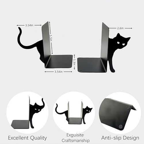 Cute Cat Book Ends Cat Bookends for Shelves, Home Office Desk Gift for Cat Lovers and Reading Enthusiasts - color: Black