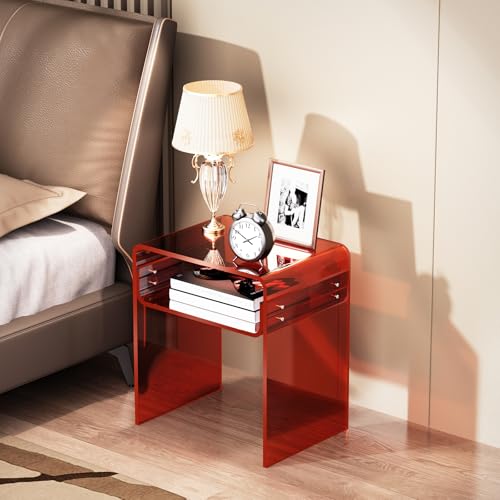 Clear Acrylic End Table 2-Tier Bedside Nightstand for Living Room Bedroom (1, Red) - color: Red