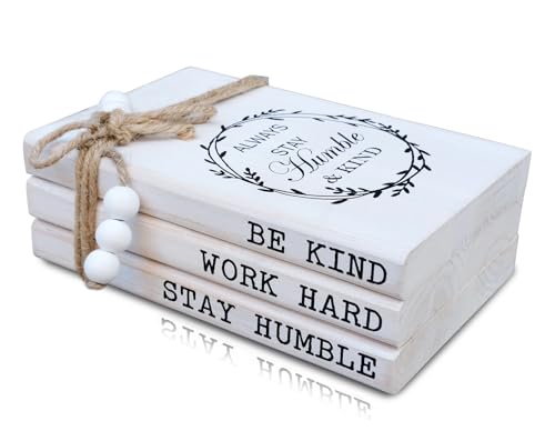 LIVDUCOT Wooden Decorative Books for Home Decor, White Faux Books for Rustic Decoration, Farmhouse Stacked Book Decor for Living Room, Entryway, Bookshelf （Be Kind Work Hard Stay Humble） - color: Be Kind
