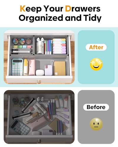 10 Pack Large Size Plastic Drawer Organizers Set, 3 Sizes Desk Drawer Organizer Trays, Storage Bins for Vanity, Makeup, Bathroom, Kitchen Utensils and Office (Gray) - color: Gray
