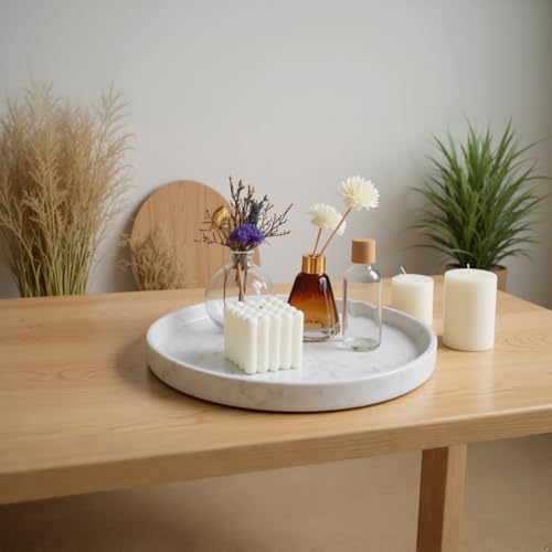 Carrara White Marble Tray Round 10 Inch, Natural Stone Perfume & Dessert Tray, Elegant Serving & Display Plate for Home, Vanity, 2 cm Deep, Non-Slip Base - color: White Carrara