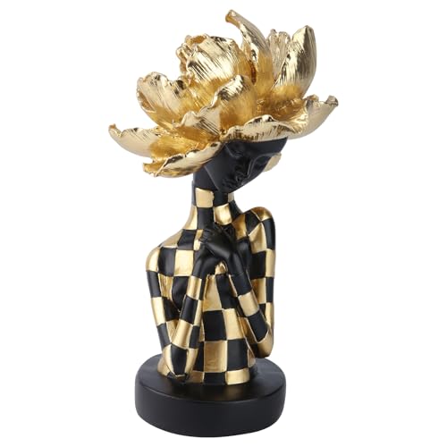 Lescafita African Woman Sculpture with Golden Flower Headpiece – Black and Gold Resin Figurine for Home Decor, Elegant African Lady Statue, Modern Ethnic Art Ornament, Gift for Women - color: 104-gold