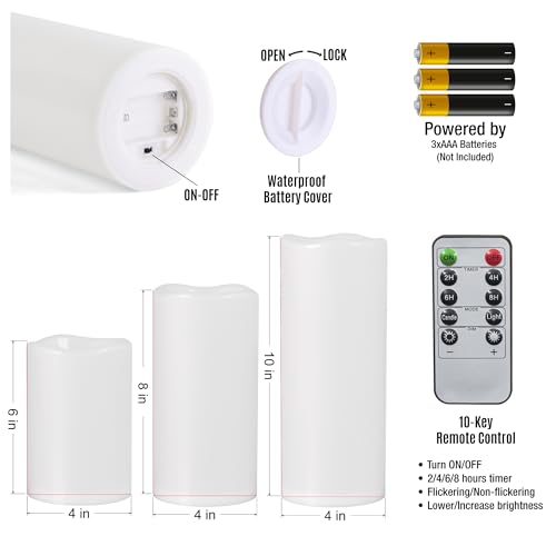 6" 8" 10" x 4" White Large Waterproof Outdoor Flameless Candles Battery Operated LED Flickering Pillar Candles with Remote and Timer for Indoor Outdoor Lanterns, Long Lasting, Set of 3 - color: White