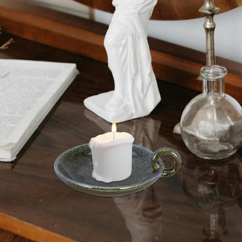 Veemoon Vintage Ceramic Candle Holder Pottery Pillar Candle Tray with Handle Small Aromatherapy Dish Meditation Candlestick Plate Bohemian Table Bowl for Home Spa and Dining Table Centerpiece Decor