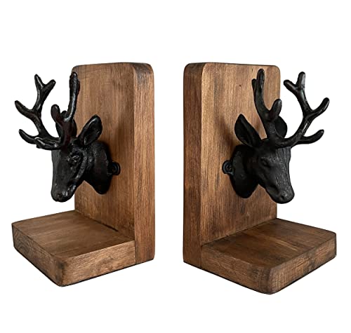 Vintage Cast Iron Deer Head & Antlers Design Decorative Elk Bookends for Shelves, Buck Book Holders, Reindeer Book Organizer, L-Shaped Wooden Desk Organizer, Heavy Duty Non-Skid Bookends (1 Pair) - color: Rustic Burnt