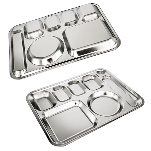 Korean Stainless Steel Divided Plates with Cutlery Slot for Adults, Premium 304, Electro-Polished, No Black Residue, BPA-Free, XL 8-Compartment Food Tray, Camping, Set of 2 - size: 8 Compartments